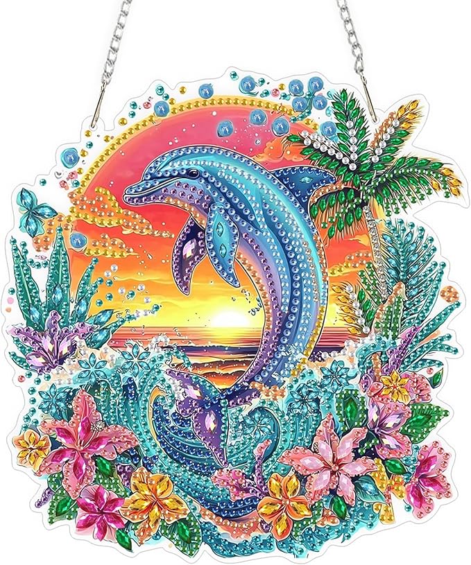 QENSPE Diamond Painting Art Hanging Kits for Adults, 5D Dolphin Diamond Paingting Ornaments with Chain, DIY Sunset & Flower Crystal Window Pendants for Home Wall Decor Double Sided Gift 8X8 inch