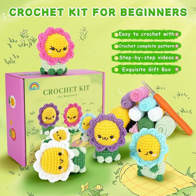 fortuning's jds crochet kit for beginners - 4pcs flowers complete crochet starter kit with step-by-step video tutorials, beginner crochet kits for adults women, flower family crocheting set