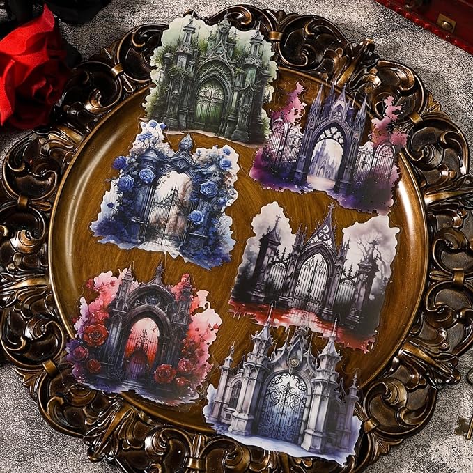 Doukado 40 Pieces Vintage Gothic Dark Landscape Creation Sticker Set, 4 Pack Aesthetic Gothic Gate Stickers for Scrapbooking, Journaling, Waterproof DIY Crafts and Junk Journal