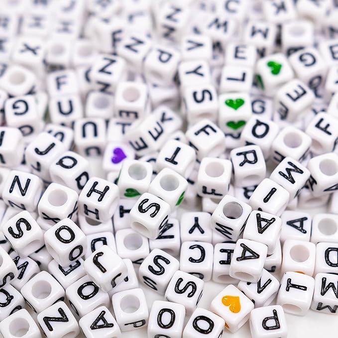 1120Pcs Square Acrylic 6x6mm Alphabet A-Z Letters Beads with Numbers Colorful Hearts Cube Beads for Phone Lanyard Friendship Bracelets Necklaces (White-1120-Organized)