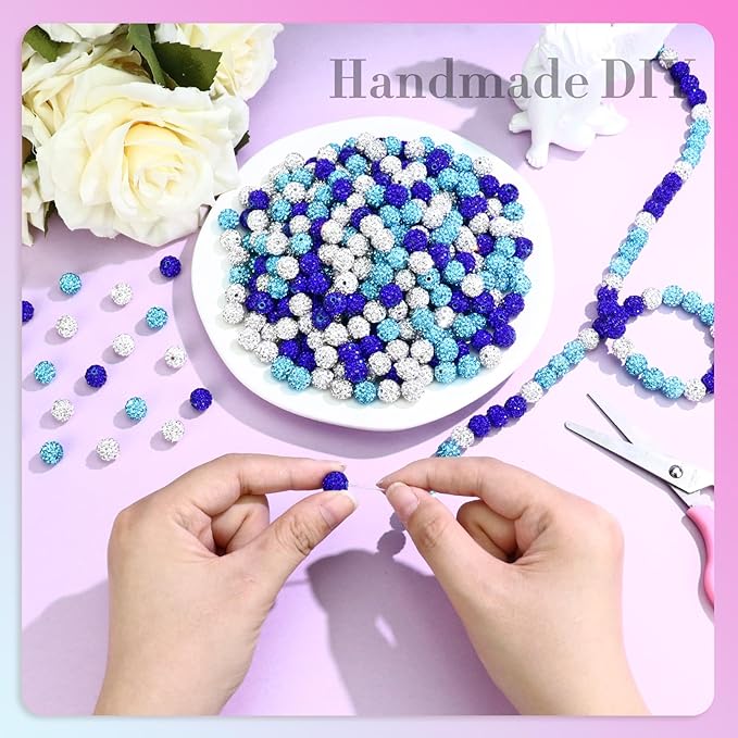 Dowarm 255PCS 10mm Rhinestone Beads for Baseball Rhinestone Necklace Bracelet Jewelry Making, Round Polymer Clay Beads for Crafts Beaded Pen, DIY Shamballa Pave Disco Bead, Turquoise|Blue|White