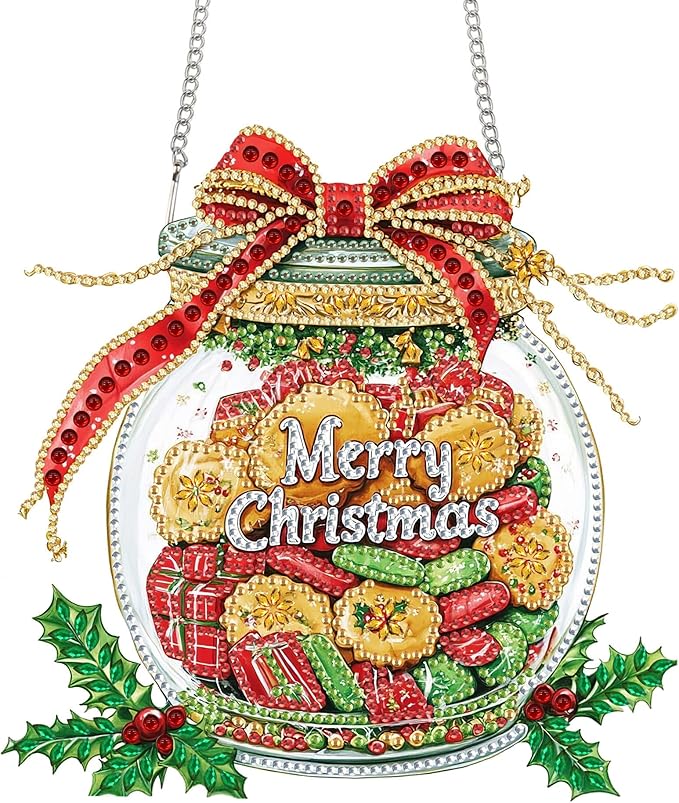 Bimkole Christmas Diamond Art Hanging Kit for Adult, DIY 5D Snacks Diamond Art Painting Window Pendant, Acrylic Crystal Art Hanging Ornament for Wall Home Garden Front Door Decor - 7.8x7.8 Inch