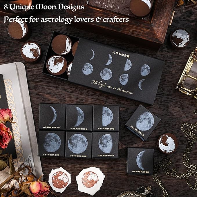 SIBLYMONA 8 Pieces Phases of The Moon Wooden Rubber Stamps Set for DIY Crafting, Decorative Wood Stamps with Moon Patterns, Reusable Rubber Stamp Kit for Scrapbooking & Card Making (Moon(8Pcs))