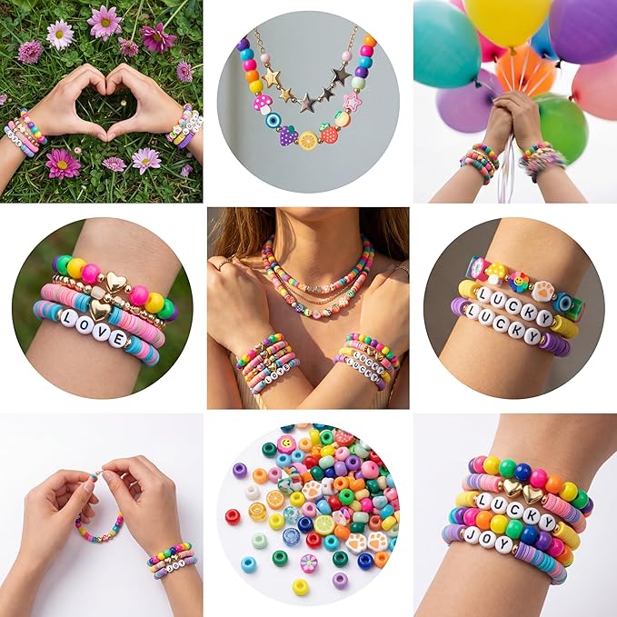 Jewelry Making Kit, 6000 PCS Complete Polymer Clay & Pony Beads Bracelet Kit, 24 Colors, 4 Alphabet Letter Sets & Charms, Organizer Box for DIY Jewelry, Gift for Girls Ages 6–12