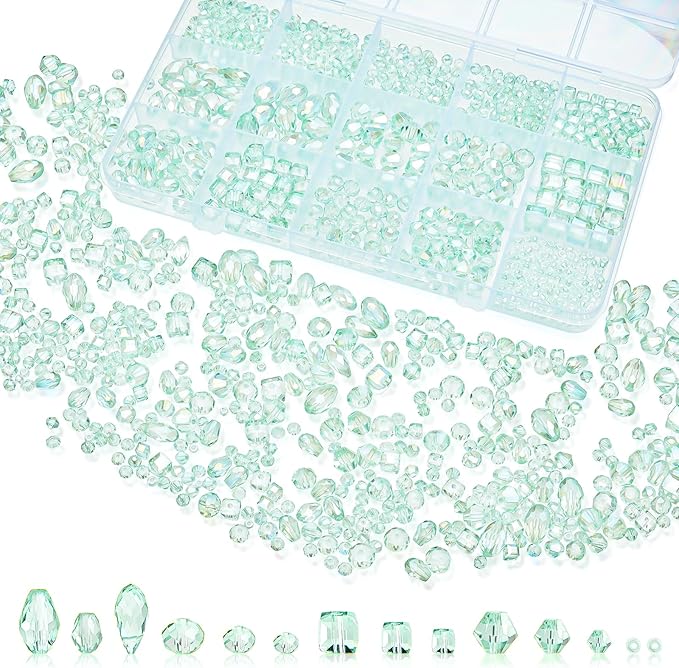 1500 Pcs Crystal Glass Beads for Jewelry Making – 12 Styles Bicone, Rondelle, Cube, Teardrop & 3mm Spacer Beads, DIY Bracelet Necklace Earring Craft Kit(Peppermint Green)