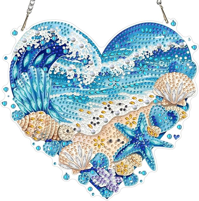 MXJSUA Waves Beach Diamond Painting Art Window Suncatchers, Diamond Art Kits for Adults Hanging Ornaments with Chain, 5D Special Shape Crystal Diamond Pendant Accessories for Decor Gift 8x8 Inch