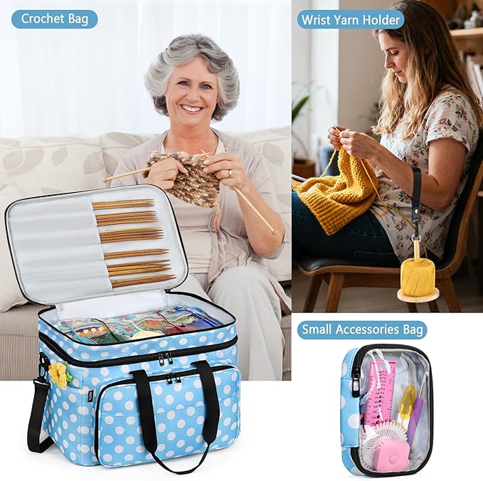 IBFUN 3PCS Crochet Bag with Wrist Yarn Holder, Large Yarn Storage Tote Waterproof Knitting Bag Organizer with Adjustable Strap for Hooks, Needles (Up to 14"), Accessories, Crochet Lovers, Tangle-Free