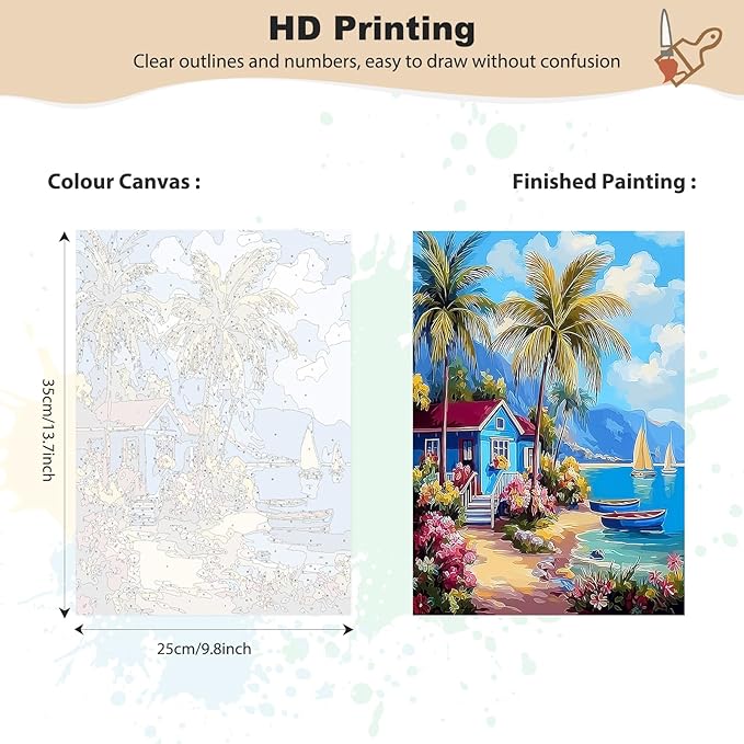 EOBROMD Framed Paint by Numbers Kits for Adults - Wooden Easel, Landscape Beach DIY Kits Crafts for Beginner, Painting on Stretched Canvas, Oil Paint by Numbers for Home Decor Gift 10x14 Inch