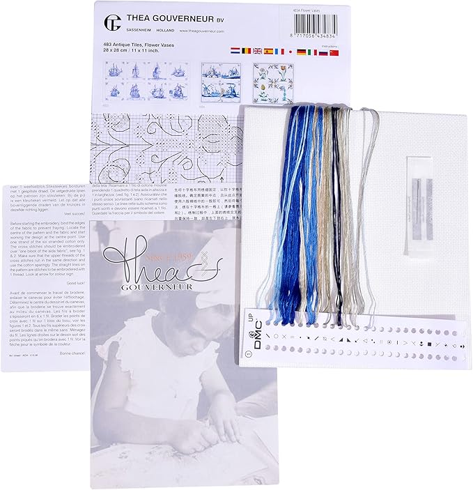 Thea Gouverneur - Counted Cross Stitch Kit - Antique Tiles Flower Vases - Aida - 18 Count - Embroidery Kit for Adults - DMC Embroidery Threads and Other Cross Stitch Supplies Included - 483A