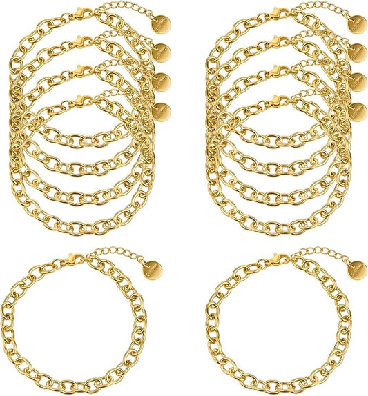 10 PCS 6.7 Inches Charm Bracelet Chains for Jewelry Making Gold Plated Stainless Steel Chain Link Bracelets Set with Lobster Clasps Adjustable Extender