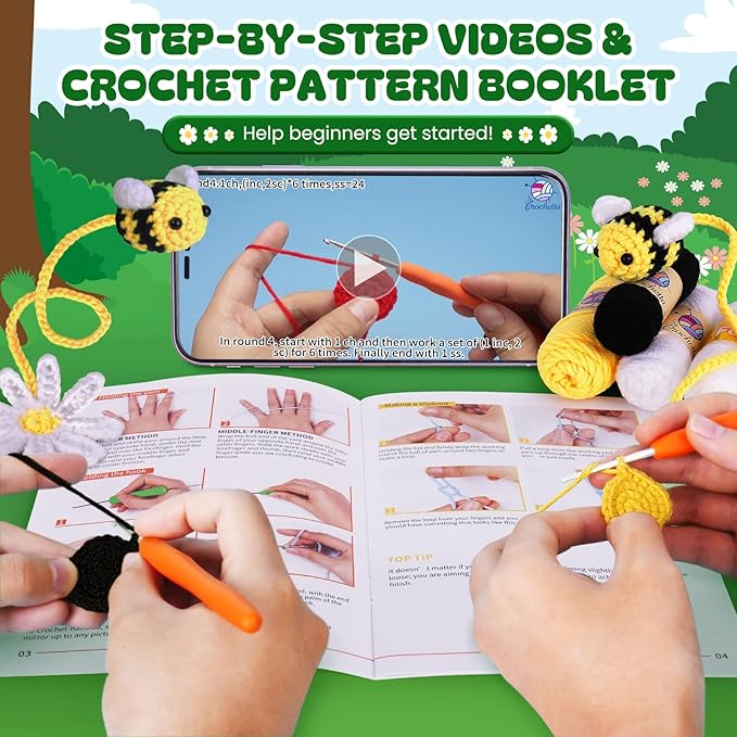 Crochetta Crochet Kit for Beginners, Crochet Starter Kit w Step-by-Step Video Tutorials, Beginner Crochet Kit for Adults Kids Women Men Complete Kit Included (Bee Bookmark)