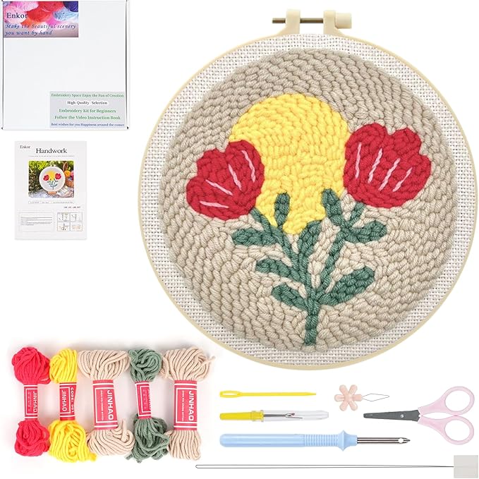 Enkor Punch Needle Kit Adults Beginner,Needle Punch Embroidery Kits Beginners Kids Include Instructions Video, Fabric,Hoop,Yarns,Threader-Flowers Love F1