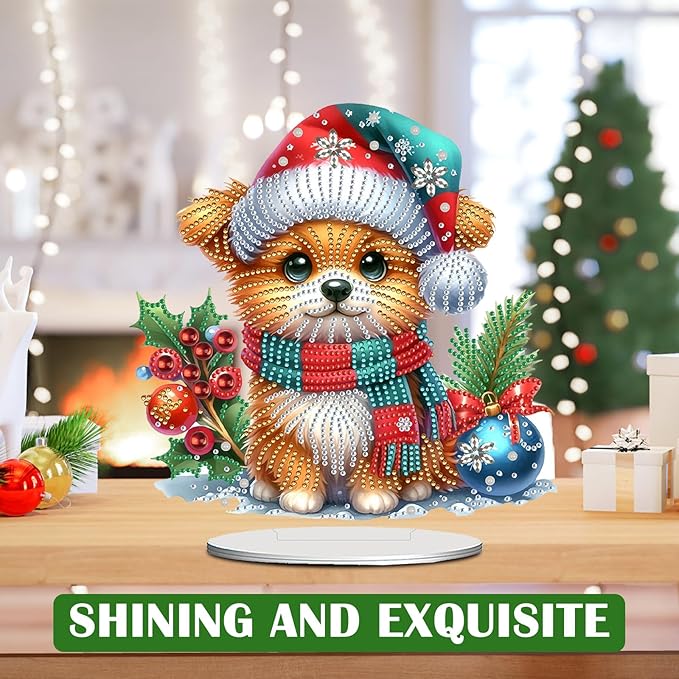 LAKEQUILL Christmas Diamond Painting Kits, Tabletop Ornament, Stand Up Diamond Art Desktop Kits for Home Office Decor, New Year Gift - Christmas Dog