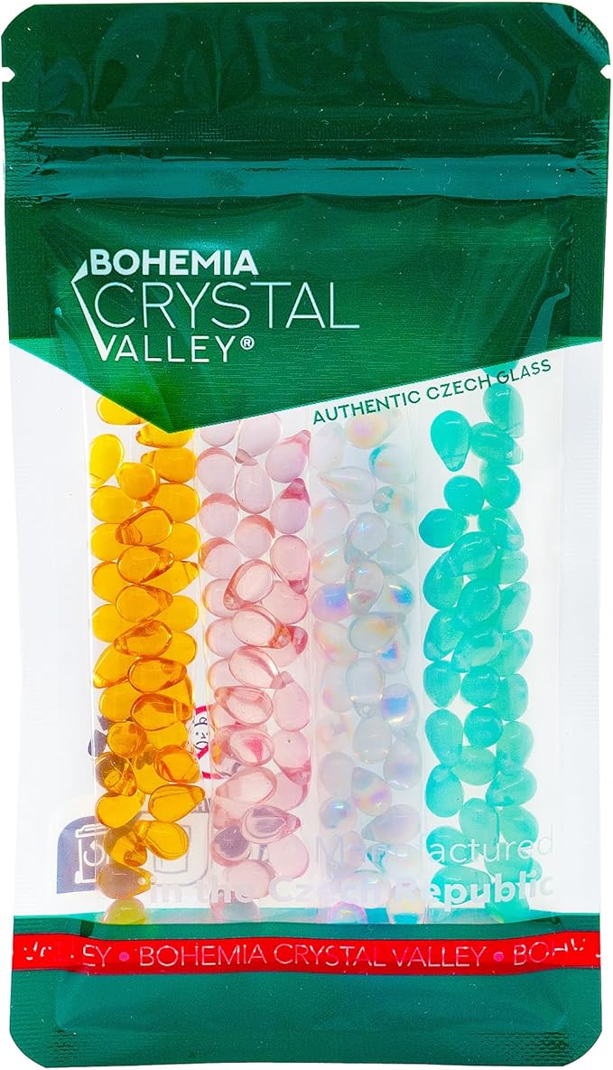 Teardrop Glass Beads for Jewelry Making Set - 120+ Bead Kit of 6x9mm Pendant Drop Beads in 4 Gentle Distinct Colors: Pink, Opal Turquoise, Amber, Crystal AB