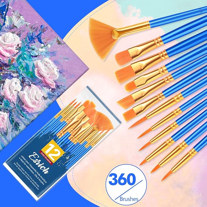 ESRICH Paint Brushes Set, 30 Pack/360 Pcs Nylon Hair Round-Pointed Tip Paint Brushes for Acrylic, Watercolor, Oil & Miniature Painting, Suitable for Kids & Adults