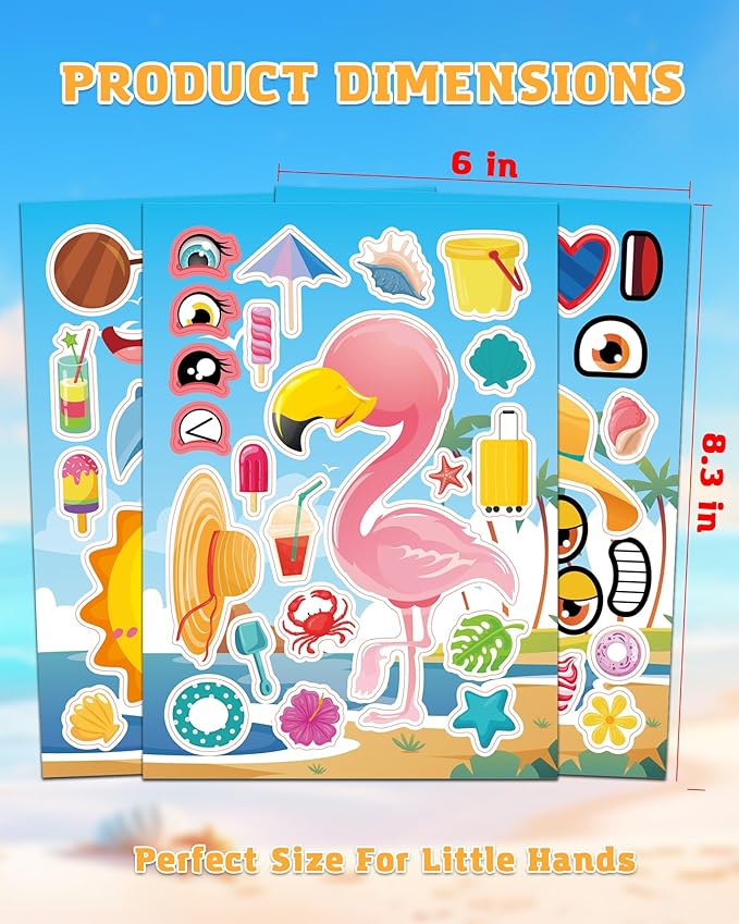 aowplc 48 sheets summer fun make-a-face sticker set for kids – create your own faces with beach, tropical & animal stickers – ideal summer crafts, party favors & creative activities