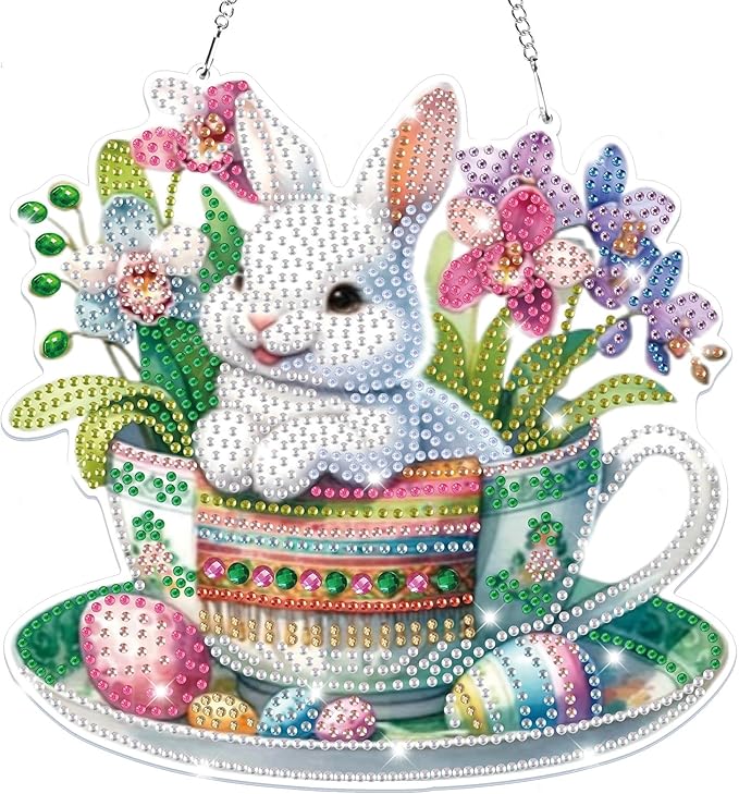 Bowetile Easter Hanging Diamond Art Kits for Adults Kids, 5D Special Shape Diamond Painting Rabbit Kits, Easter Diamond Gem Art Suncatchers Painting Pendant Home Decor, Gifts for Kids