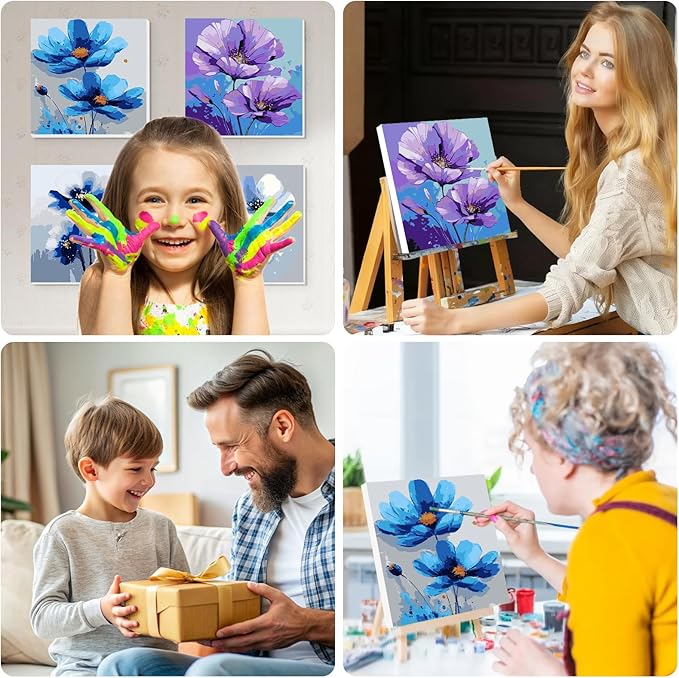 Lxmsja 4 Pack Floral Symphony Paint by Numbers Kit for Adults, Easy Framed Paint by Numbers for Adults Beginner, DIY Acrylic Oil Painting Craft Kits for Home Wall Decor 8x8 inch