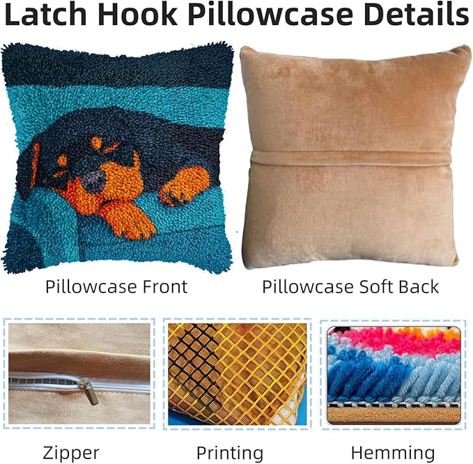 DIY Latch Hook Pillow Kits for Adults Rottweiler Dog Puppy Sleeping Printed Pillowcase Crochet Yarns Hooking Handmade Pillow Cover Cushion for Home Sofa Decoration 17x17inch-4