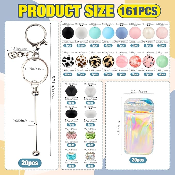 161pcs Beadable Keychains Set Bulk for Keychain Making Kit with Beadable Keychain Bar Silicone Beads Spacer Beads Gifts for Women Men DIY Crafts(Multicolor)