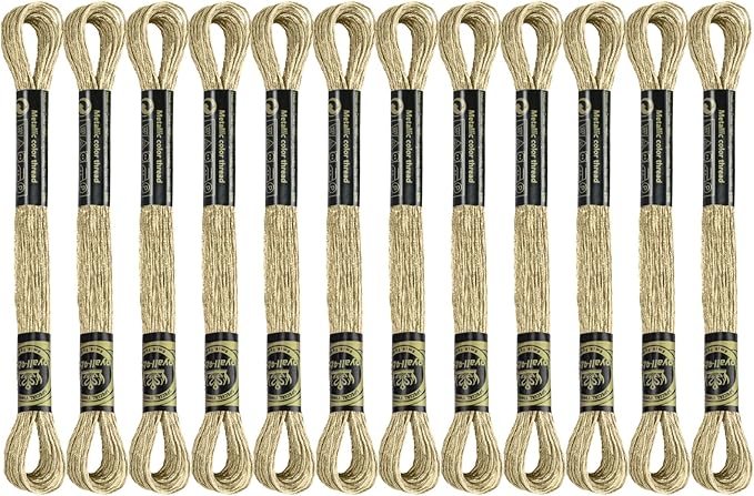 12 Skeins Embroidery Floss, Light Gold Metallic Embroidery Thread Polyester Cross-Stitch Threads for Hand Embroidery String Art DIY Creation