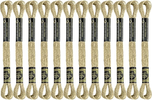 12 Skeins Embroidery Floss, Light Gold Metallic Embroidery Thread Polyester Cross-Stitch Threads for Hand Embroidery String Art DIY Creation