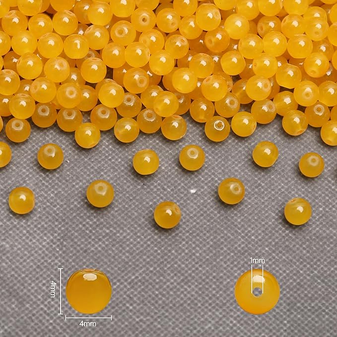 400PCs 4mm Yellow Jade Glass Beads Bulk, Round Smooth Hole Glass Crystal Beads for Jewelry Making, DIY Bracelets, Necklaces, Bag Charms, Keychains and Craft Projects