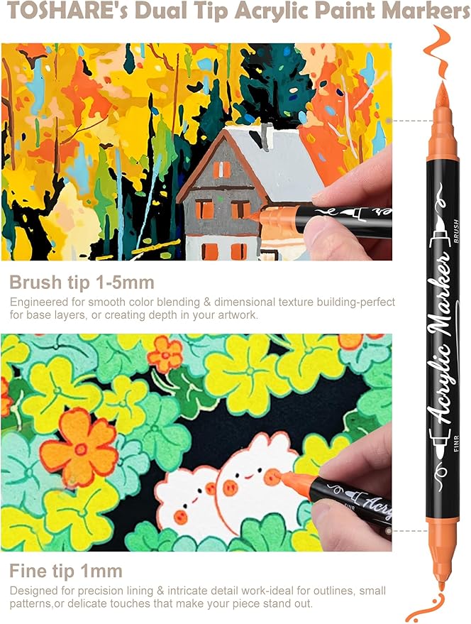 30 Colors Acrylic Paint Markers - Waterproof Dual Tip Acrylic Paint Pens with Brush & Fine Tip Professional Marker Set Scrapbook Markers for Paper Rock Wood Fabric Glass Ceramic and DIY Crafts