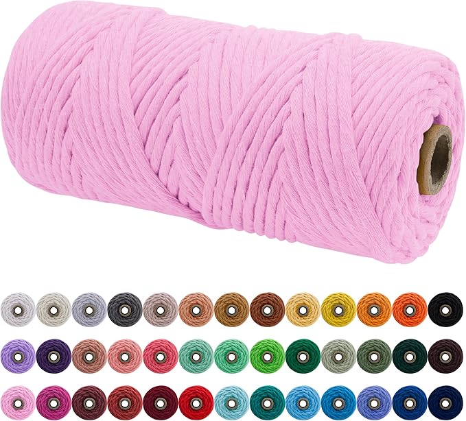 JeogYong Single Strand Macrame Cord 4mm x 109 Yards (328 Feet) Soft Cotton Rope Macrame Yarn 4 mm Macrame Cord, Macrame Supplies for Crafts Wall Hangings Plant Hangers Decorations (Pink)