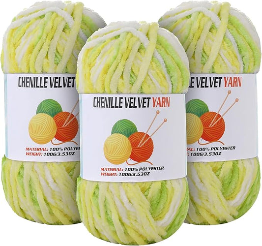 3 * 100g Velvet Chenille Chunky Yarn for Crocheting, Handcrafts Weaving Soft Chenille Yarn for Crocheting Clearance, Used for Making Baby Yarns Blanket, Clothes, Knitting Creations (Colorful - A)