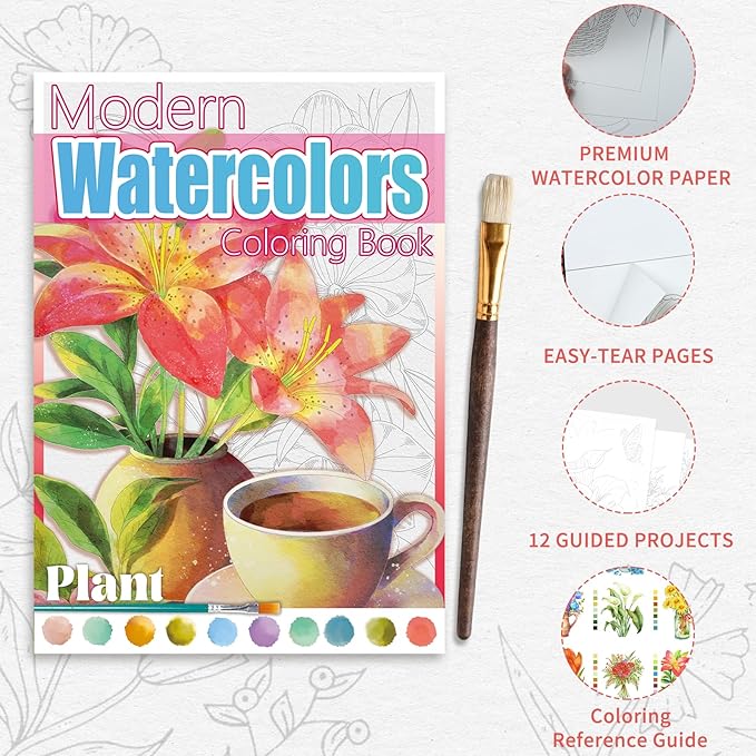 Watercoloring Book, A4 Water Coloring Book Paint Book Beginner Friendly - Watercolor Coloring Books for Adults, 12 Pre-Printed Designs on 180GSM Cold Press Paper, (Without Paint or Brushes) - Plant
