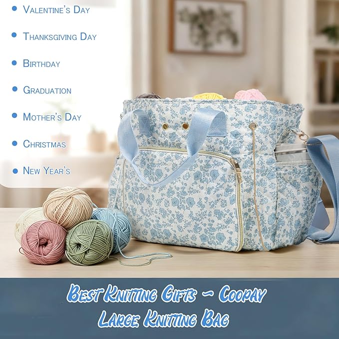 SilTriangle Large Blue Floral Quilted Crochet Knitting Bags and Totes Organizer Cotton Yarn Hook Bag Holder Christmas Corduroy Gift for Crochet Lover Crocheting Accessories, Needle with Zipper, Size M