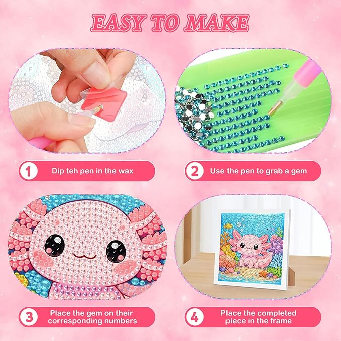 Axolotl Diamond Art Painting Kits for Kids with Frame, Animal Diamond Art for Kids Ages 4-8-12 with Frame, Easy Small Cute Gem Painting Kit for Gift Home Wall Decoration (7x7 inch)