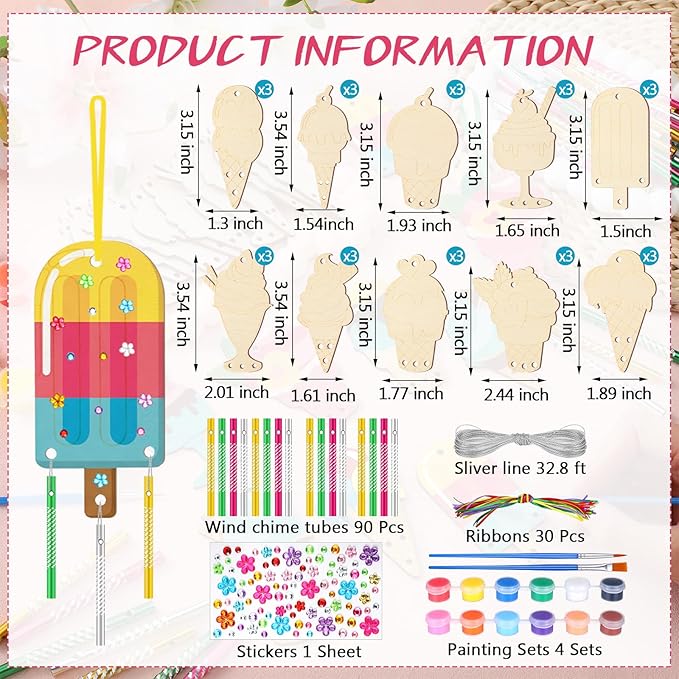 JellyArch 30 Pack Summer Ice Cream Wind Chime Kit for Adults, Summer Crafts DIY Make Your Own Wind Chime Window Art Ornaments for Party Birthday Home Activity Project