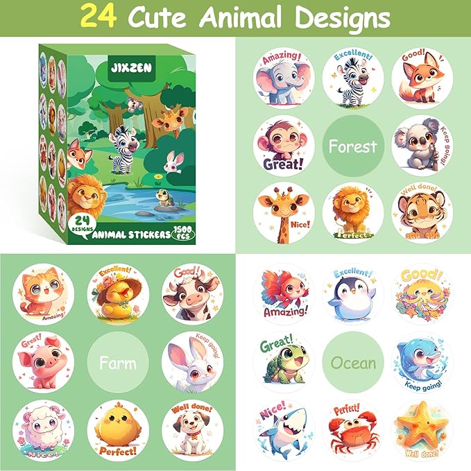 3 rolls animal stickers for kids, 1500 pcs kids stickers bulk for toddlers 2-4, 24 designs farm/ocean/wild cute sticker with motivational words for kid reward, school supplies (1.0 inch)