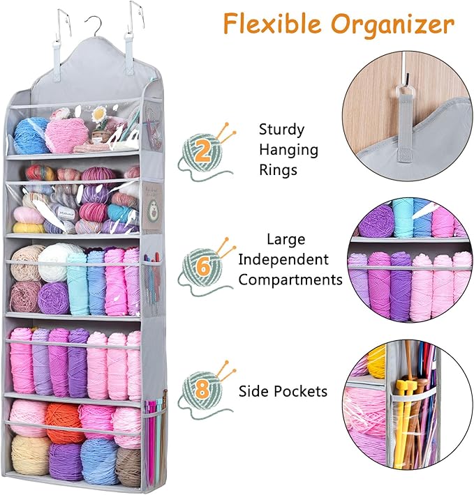 MYBAGZING Hanging Yarn Storage Organizer with Zipper Pockets, 5 Tiers Over the Door & Closet Yarn Holder, Large Crochet & Knitting Organizer with Side Pockets for Hooks, Needles & Accessories