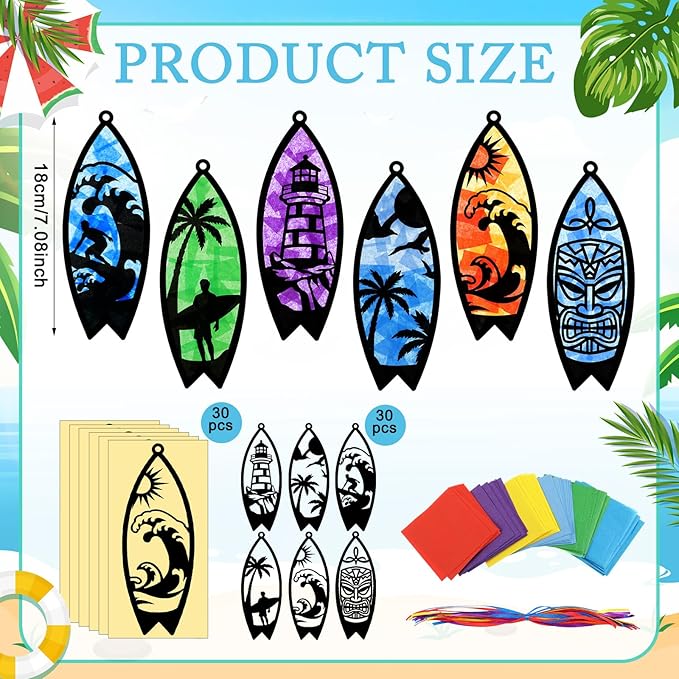 30 Pcs Beach Surfboard Suncatchers Paper Craft Set Sea Ocean Beach Surfboard DIY Stained Glass Effect Tissue Paper Kits Gift Bulk for Summer Activities Art Party Decor