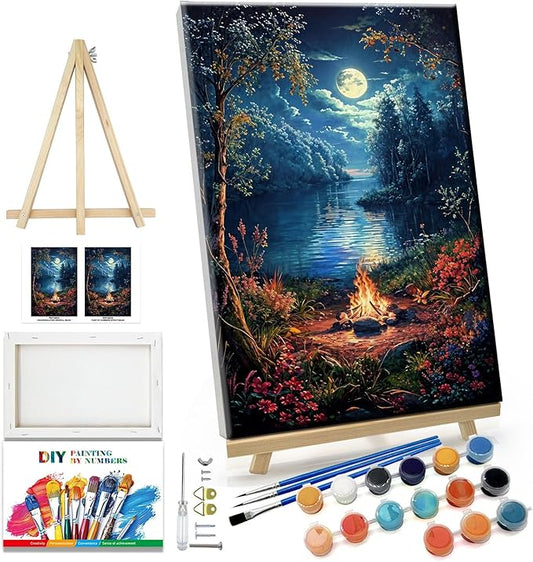 JOOZ Landscape Paint by Numbers Kit for Adults Beginner with Easel Moon Paint by Number on Canvas with Frame DIY Acrylic Painting for Ideal Gift Home Wall Decor 7.87x11.81 Inch
