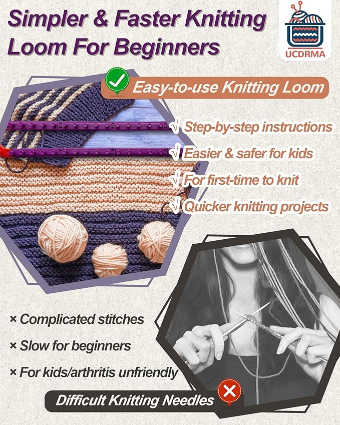 UCDRMA Adjustable Loom Knitting Kit, Up to 21 Different Sizes and Shapes Knitting Loom for Blankets/Scarves/Hats, Infinity Loom Crochet with 12 Yarn & Instructions, Flexible Yarn Loom for Beginners