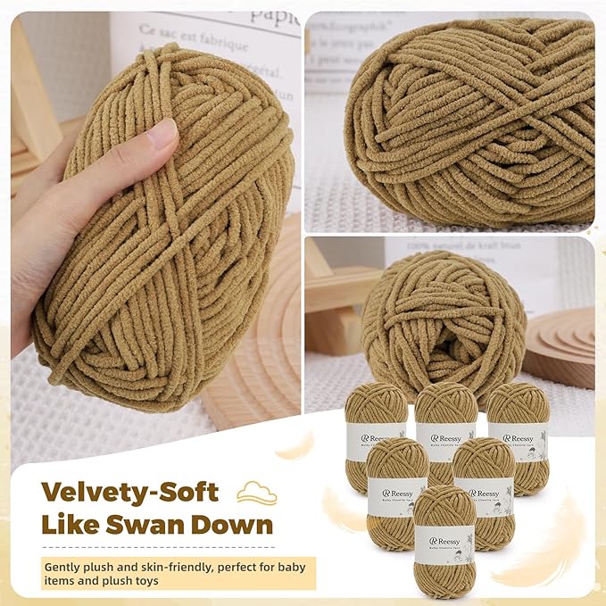 Bulky Chenille Yarn for Crocheting – 6 Pack of 50g/1.76oz Skeins, Pure Polyester, CYC #5 Bulky Weight – Ultra Soft Chenille Yarn Pack for Crafting Plush Toys, Blankets, Scarves(Mocha Cream)