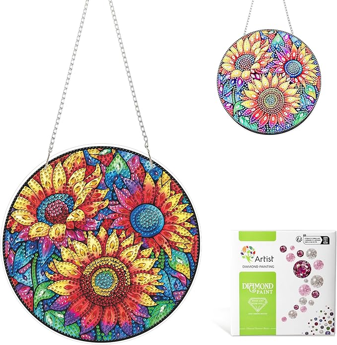 MAXBYE Diamond Art Kits for Adults Hanging Pendant, Sunflowers DIY Special Shaped Diamonds Painting Double Sided Rhinestone Gem Art for Beginners Gift Window Wall Door Decoration 8×8 Inch