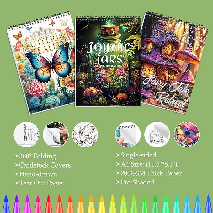 Coloring Books for Adults Relaxation, Stress Relief Coloring Book with 36 Dual Tip Markers, Spiral Coloring Book Set with 72 Patterns Include Magic & Butterfly & Jars, Arts and Crafts Gift for Women