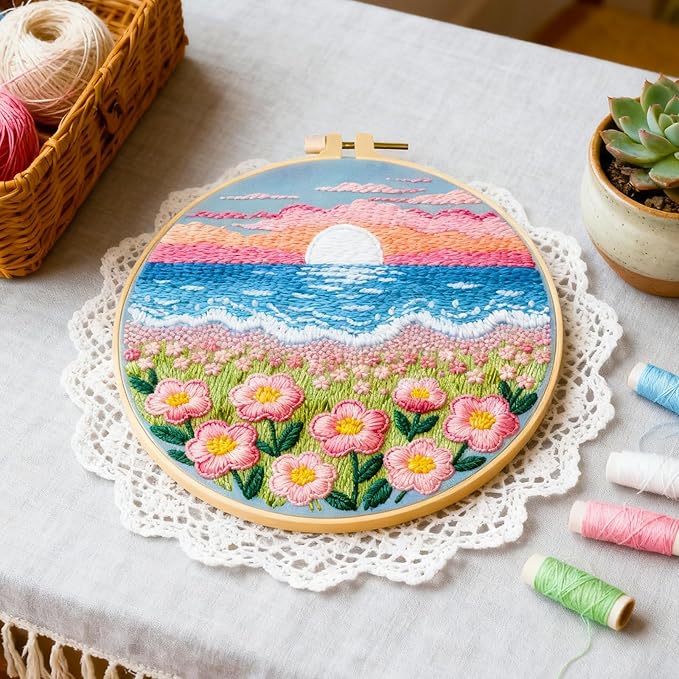 BEUNITONE Spring Landscape Embroidery Kit for Beginners, 6PC Needlepoint Kits with Hoops, Instructions, Threads, Needles, DIY Home Decor Craft for Adults, Creative Hand Embroidery Patterns for Gifts