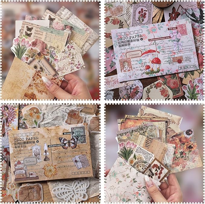 200Pcs Vintage Scrapbook Paper Sticker Kit, Nature Flowrs Scrapbooking Decals for Junk Journal Supplies Card Making Stationery Album, Collage, Planner, Gift Wrapping Craft