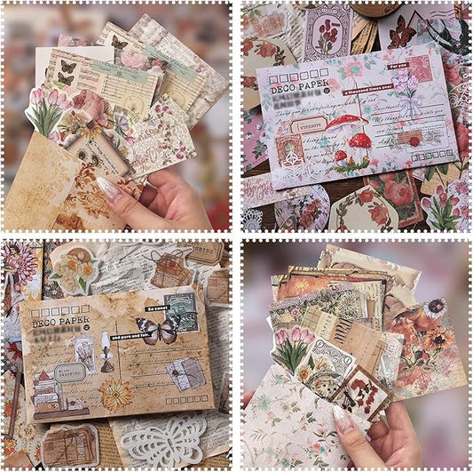 200Pcs Vintage Scrapbook Paper Sticker Kit, Nature Flowrs Scrapbooking Decals for Junk Journal Supplies Card Making Stationery Album, Collage, Planner, Gift Wrapping Craft