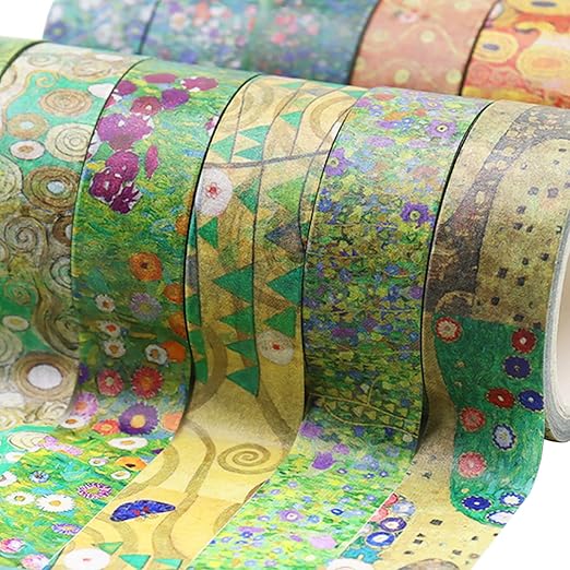 Berkin Arts 12 Rolls Art Floral Designs Washi Tape Set - 15 mm Wide Decorative Adhesive Masking Tape Cloisonnism Colorful Flowers Gustav Klimt Series