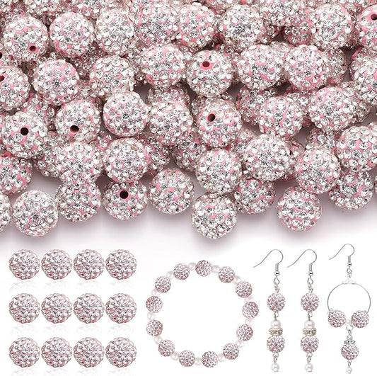 120pcs 10mm rhinestone beads for jewelry making, pink white shiny round shamballa disco ball beads bulk, sparkle crystal clay christmas for bracelet baseball necklace earring crafting and diy