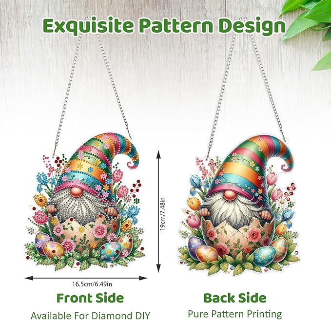 MEIYUDA Easter Gnomes Diamond Art Hanging Kits for Adult, Easter Eggs Diamond Painting Hanging Kits Ornaments, DIY Special Shaped Rhinestone Window Pendants kit for Home Garden Wall Decor Gift