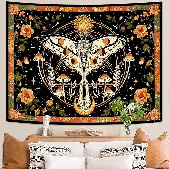 aipon orange moth tapestry boho retro floral flowers tapestries aesthetic vintage mushroom tapestries for bedroom indie sun moon tapestry wall hanging for living room dorm (90'' × 68'')
