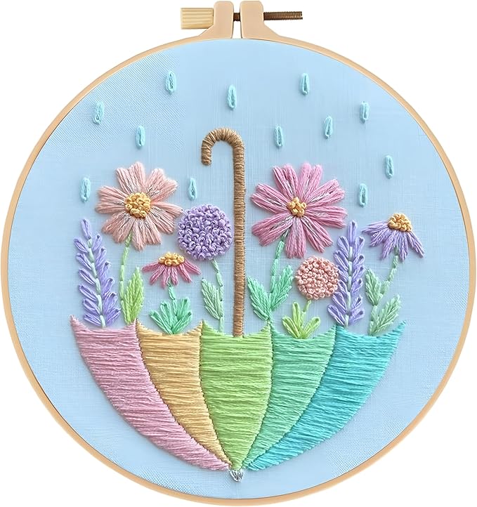 JJFox Embroidery Kit for Beginners and Adults, DIY Hand Embroidery Starter Kit with Cute Pattern, Cross Stitch Needlepoint Set with Hoop, Threads and Instructions (Flower-3)